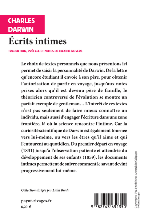 Écrits intimes - Charles Darwin, Maxime Rovere, Lidia Breda - RIVAGES