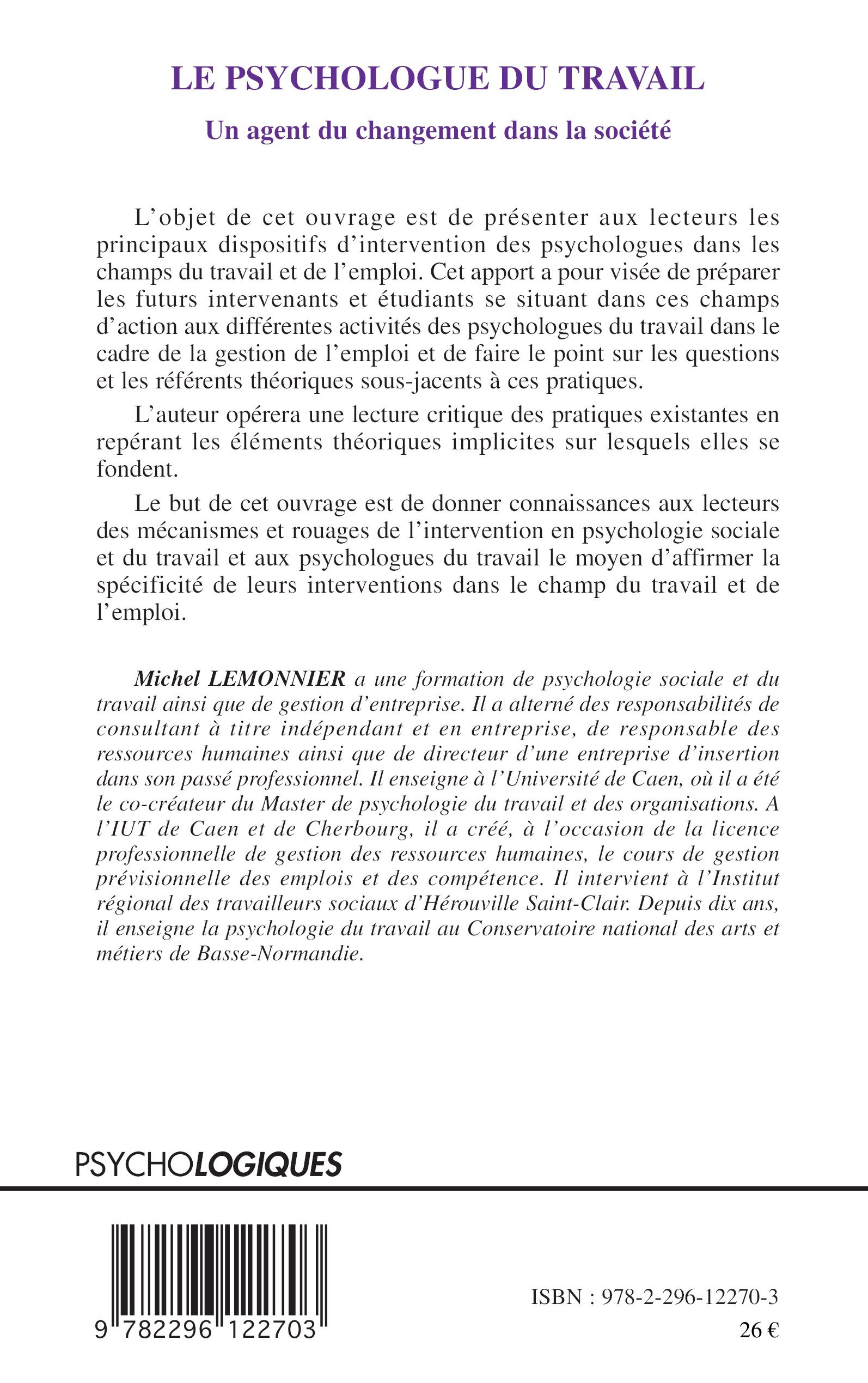 Le psychologue du travail - Michel Lemonnier - L'HARMATTAN